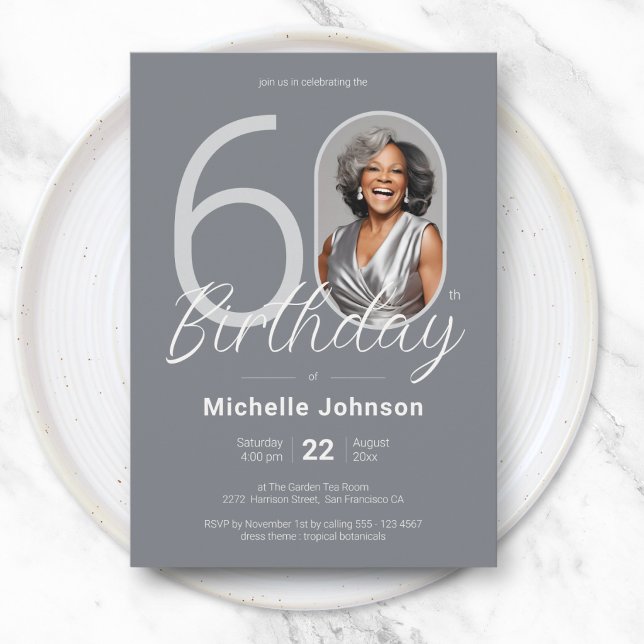 Invitación Elegante Plata Cumpleaños 60 Personalizado (Elegant Silver Custom Photo 60th Birthday Invitation)