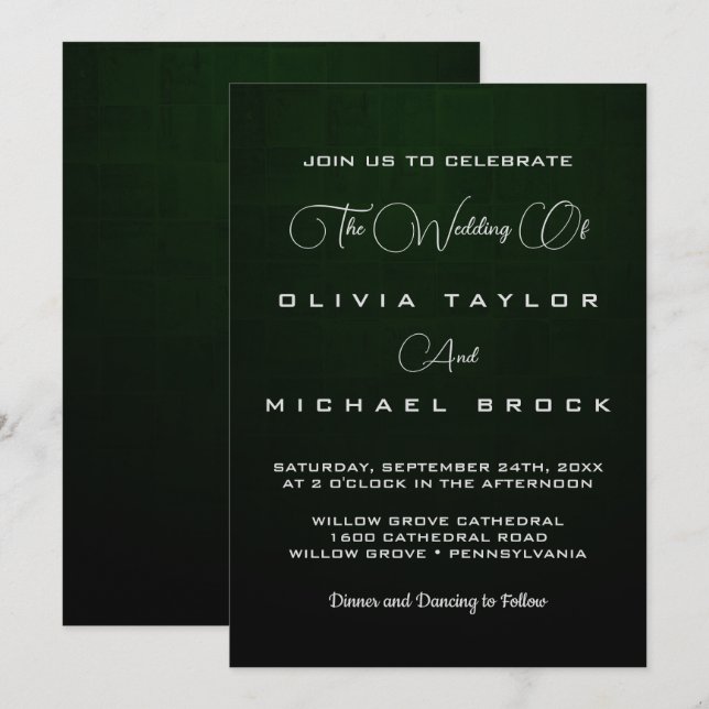 Invitación Elegante plata de moda en boda verde oscuro (Anverso / Reverso)