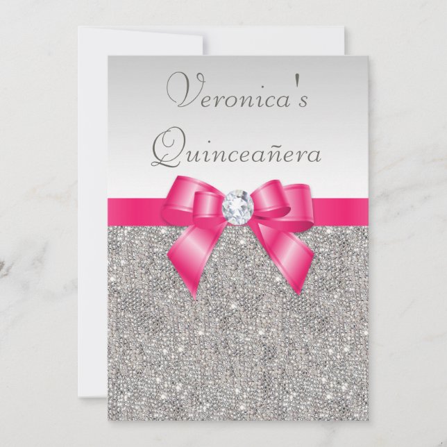 Invitación Elegante plata de quinceañera secuela rosado calie (Anverso)