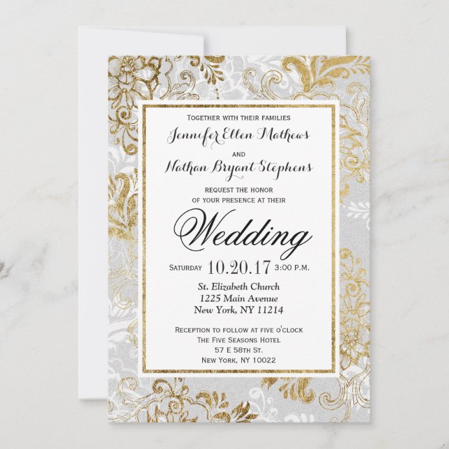 Invitación Elegante plata dorada y boda floral gris invitan (Anverso)
