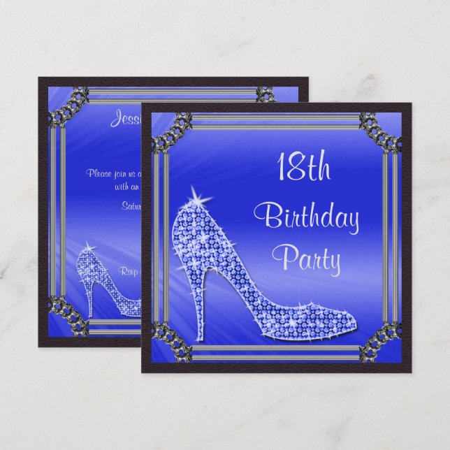 Invitación Elegante plata enmarcada azul Stiletto 18 cumpleañ (Anverso / Reverso)