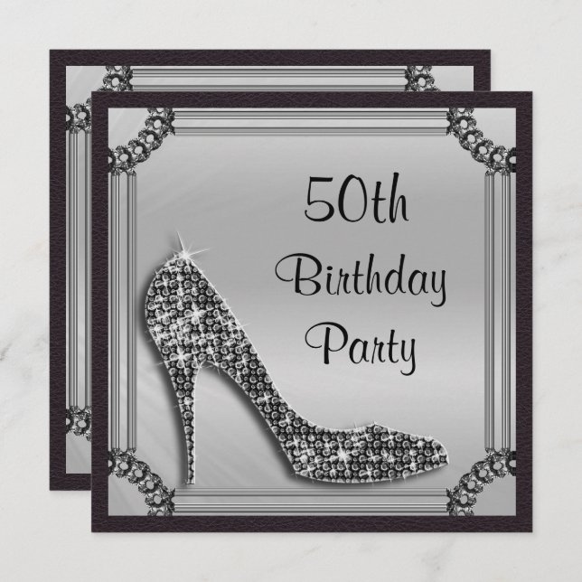 Invitación Elegante plata enmarcada negro Stiletto 50 cumplea (Anverso / Reverso)