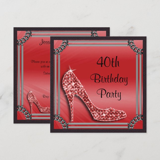 Invitación Elegante plata enmarcada rojo Stiletto 40 cumpleañ (Anverso / Reverso)