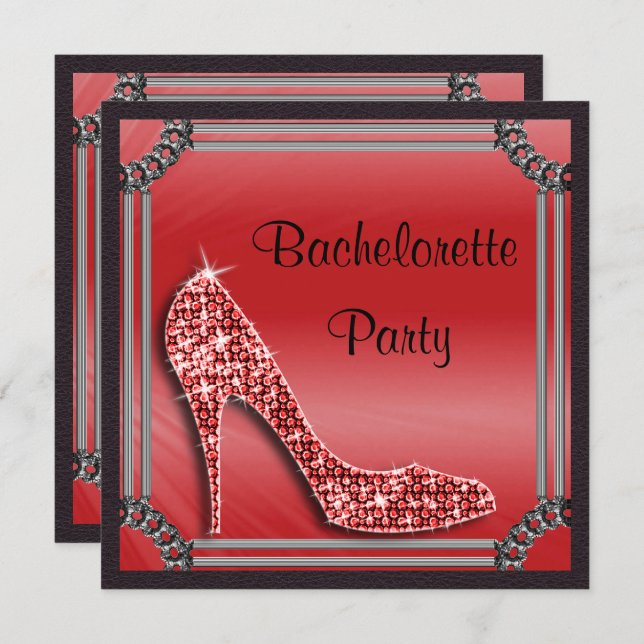 Invitación Elegante Plata Enmarcada Stiletto Rojo Bachrlorett (Anverso / Reverso)