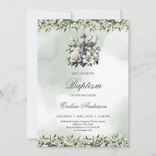Invitación Elegante plata floral cruz lirios blancos Baptismo