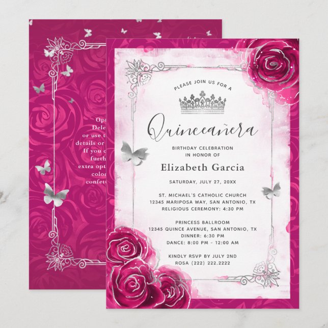 Invitación Elegante Plata Floral y Fuchsia Quinceanera (Anverso / Reverso)