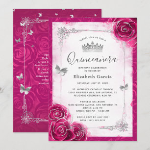 Invitación Elegante Plata Floral y Fuchsia Quinceanera