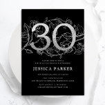 Invitación Elegante Plata Negro 30 cumpleaños<br><div class="desc">Elegante invitación de fiesta de cumpleaños 30 color negro plateado. Personalizable diseño moderno femenino con acentos botánicos rosas y una falsa plata purpurina. Sencilla tarjeta de invitación floral perfecta para una elegante celebración de cumpleaños femenina. Personaliza con tus propios detalles. Invitaciones Zazzle impresas o una plantilla imprimible digital de descarga...</div>