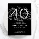 Invitación Elegante Plata Negro 40 cumpleaños<br><div class="desc">Elegante invitación de fiesta de cumpleaños 40 color negro plateado. Personalizable diseño moderno femenino con acentos botánicos rosas y una falsa plata purpurina. Sencilla tarjeta de invitación floral perfecta para una elegante celebración de cumpleaños femenina. Personaliza con tus propios detalles. Invitaciones Zazzle impresas o una plantilla imprimible digital de descarga...</div>