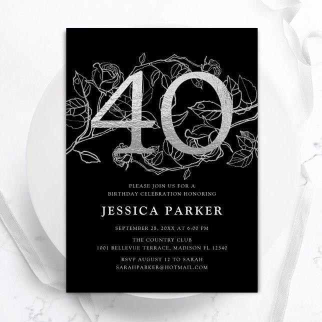 Invitación Elegante Plata Negro 40 cumpleaños (Subido por el creador)
