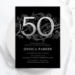 Invitación Elegante Plata Negro 50 cumpleaños<br><div class="desc">Elegante invitación de fiesta de cumpleaños 50 color negro plateado. Personalizable diseño moderno femenino con acentos botánicos rosas y una falsa plata purpurina. Sencilla tarjeta de invitación floral perfecta para una elegante celebración de cumpleaños femenina. Personaliza con tus propios detalles. Invitaciones Zazzle impresas o una plantilla imprimible digital de descarga...</div>