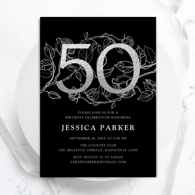 Invitación Elegante Plata Negro 50 cumpleaños (Subido por el creador)