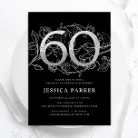 Invitación Elegante Plata Negro 60 cumpleaños<br><div class="desc">Elegante invitación de fiesta de cumpleaños 60 color negro plateado. Personalizable diseño moderno femenino con acentos botánicos rosas y una falsa plata purpurina. Sencilla tarjeta de invitación floral perfecta para una elegante celebración de cumpleaños femenina. Personaliza con tus propios detalles. Invitaciones Zazzle impresas o una plantilla imprimible digital de descarga...</div>