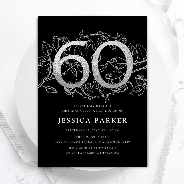 Invitación Elegante Plata Negro 60 cumpleaños (Subido por el creador)