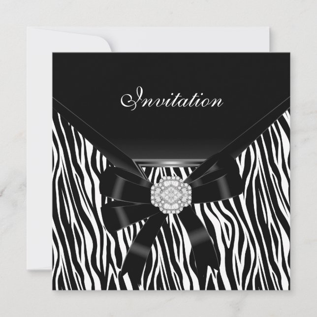 Invitación Elegante Plata Negro Blanco Joya Cebra (Anverso)