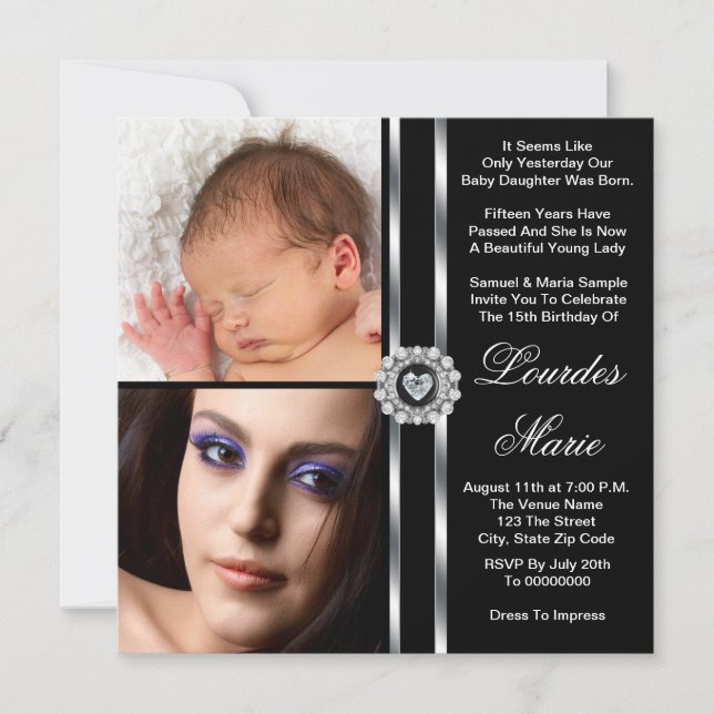 Invitación Elegante Plata Negro y Blanco Foto Quinceanera (Anverso)