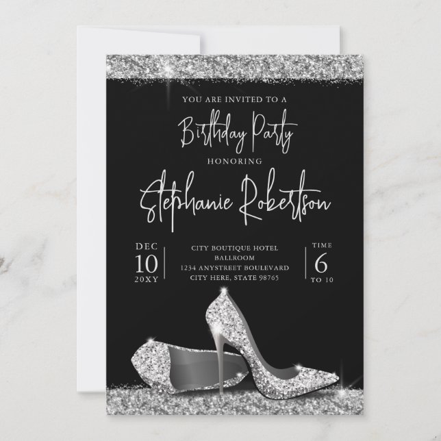Invitación Elegante Plata Plata Black High Heels Cumpleaños (Anverso)