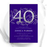 Invitación Elegante Plata Púrpura 40 cumpleaños<br><div class="desc">Elegante invitación de fiesta de cumpleaños 40 de plata morada. Personalizable diseño moderno femenino con acentos botánicos rosas y una falsa plata purpurina. Sencilla tarjeta de invitación floral perfecta para una elegante celebración de cumpleaños femenina. Personaliza con tus propios detalles. Invitaciones Zazzle impresas o una plantilla imprimible digital de descarga...</div>