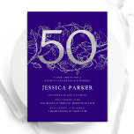Invitación Elegante Plata Púrpura 50 cumpleaños<br><div class="desc">Elegante invitación de fiesta de cumpleaños 50 de plata morada. Personalizable diseño moderno femenino con acentos botánicos rosas y una falsa plata purpurina. Sencilla tarjeta de invitación floral perfecta para una elegante celebración de cumpleaños femenina. Personaliza con tus propios detalles. Invitaciones Zazzle impresas o una plantilla imprimible digital de descarga...</div>
