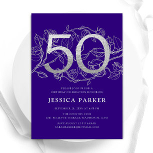 Invitación Elegante Plata Púrpura 50 cumpleaños