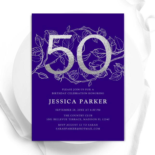 Invitación Elegante Plata Púrpura 50 cumpleaños (Subido por el creador)