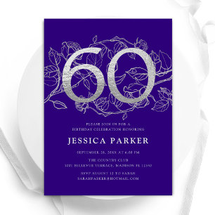 Invitación Elegante Plata Púrpura 60 cumpleaños