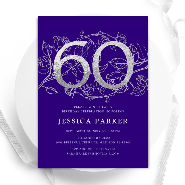 Invitación Elegante Plata Púrpura 60 cumpleaños (Subido por el creador)