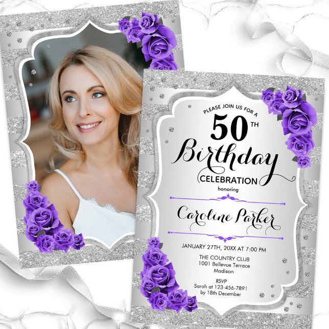 Invitación Elegante Plata Púrpura Foto 50 cumpleaños (Subido por el creador)