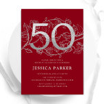 Invitación Elegante Plata Roja 50 cumpleaños<br><div class="desc">Elegante invitación de fiesta de cumpleaños 50 de plata roja. Personalizable diseño moderno femenino con acentos botánicos rosas y una falsa plata purpurina. Sencilla tarjeta de invitación floral perfecta para una elegante celebración de cumpleaños femenina. Personaliza con tus propios detalles. Invitaciones Zazzle impresas o una plantilla imprimible digital de descarga...</div>