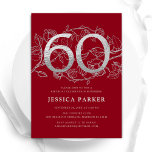 Invitación Elegante Plata Roja 60 cumpleaños<br><div class="desc">Elegante invitación de fiesta de cumpleaños 60 de plata roja. Personalizable diseño moderno femenino con acentos botánicos rosas y una falsa plata purpurina. Sencilla tarjeta de invitación floral perfecta para una elegante celebración de cumpleaños femenina. Personaliza con tus propios detalles. Invitaciones Zazzle impresas o una plantilla imprimible digital de descarga...</div>