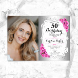 Invitación Elegante Plata Rosa Blanca Rosa Rosada Foto 50 cum<br><div class="desc">Elegante invitación de 50 años floral femenina con tu foto. Diseño de vidrio con plata falsa. Presenta rosas rosas rosas rosas rosas, tipo de letra de guión y confeti. Perfecto para un elegante fiesta de celebración de cumpleaños. Personaliza con tus propios detalles. ¡Se puede personalizar para cualquier edad! Invitaciones Zazzle...</div>