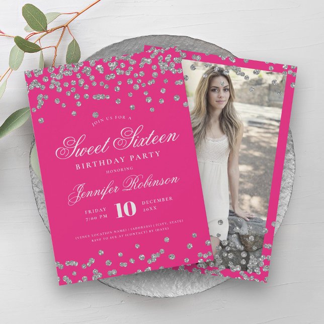 Invitación Elegante Plata Rosa caliente Confetti Foto Dulce 1 (Elegant Silver Hot Pink Confetti Photo Sweet 16 Invitation)