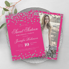 Invitación Elegante Plata Rosa caliente Confetti Foto Dulce 1