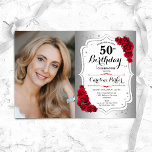 Invitación Elegante Plata Roses Rojas Blancas Foto 50 cumplea<br><div class="desc">Elegante invitación de 50 años floral femenina con tu foto. Diseño de vidrio con plata falsa. Cuenta con rosas rojas, fuente de guión y confiti. Perfecto para un elegante fiesta de celebración de cumpleaños. Personaliza con tus propios detalles. ¡Se puede personalizar para cualquier edad! Invitaciones Zazzle impresas o una plantilla...</div>