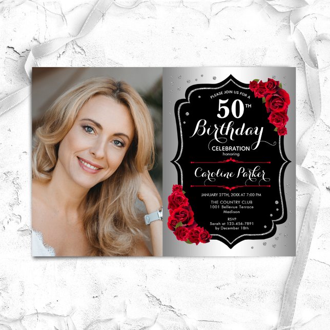 Invitación Elegante Plata Roses Rojas Negras Foto 50 cumpleañ (Subido por el creador)