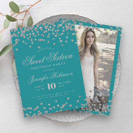 Invitación Elegante Plata Turquesa Confetti Foto Dulce 16
