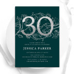 Invitación Elegante plata verde esmeralda 30 cumpleaños<br><div class="desc">Elegante invitación de fiesta de cumpleaños 30 de plata verde esmeralda. Personalizable diseño moderno femenino con acentos botánicos rosas y una falsa plata purpurina. Sencilla tarjeta de invitación floral perfecta para una elegante celebración de cumpleaños femenina. Personaliza con tus propios detalles. Invitaciones Zazzle impresas o una plantilla imprimible digital de...</div>