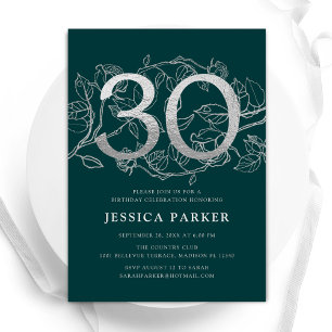 Invitación Elegante plata verde esmeralda 30 cumpleaños