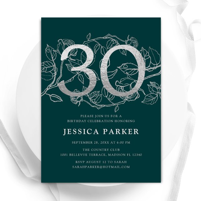Invitación Elegante plata verde esmeralda 30 cumpleaños (Subido por el creador)
