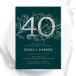 Invitación Elegante plata verde esmeralda 40 cumpleaños<br><div class="desc">Elegante invitación de fiesta de cumpleaños 40 de color verde esmeralda. Personalizable diseño moderno femenino con acentos botánicos rosas y una falsa plata purpurina. Sencilla tarjeta de invitación floral perfecta para una elegante celebración de cumpleaños femenina. Personaliza con tus propios detalles. Invitaciones Zazzle impresas o una plantilla imprimible digital de...</div>