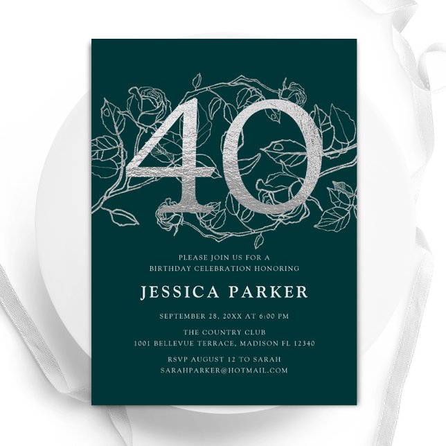 Invitación Elegante plata verde esmeralda 40 cumpleaños (Subido por el creador)