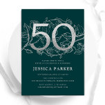 Invitación Elegante plata verde esmeralda 50 cumpleaños<br><div class="desc">Elegante invitación de fiesta de cumpleaños 50 de plata verde esmeralda. Personalizable diseño moderno femenino con acentos botánicos rosas y una falsa plata purpurina. Sencilla tarjeta de invitación floral perfecta para una elegante celebración de cumpleaños femenina. Personaliza con tus propios detalles. Invitaciones Zazzle impresas o una plantilla imprimible digital de...</div>