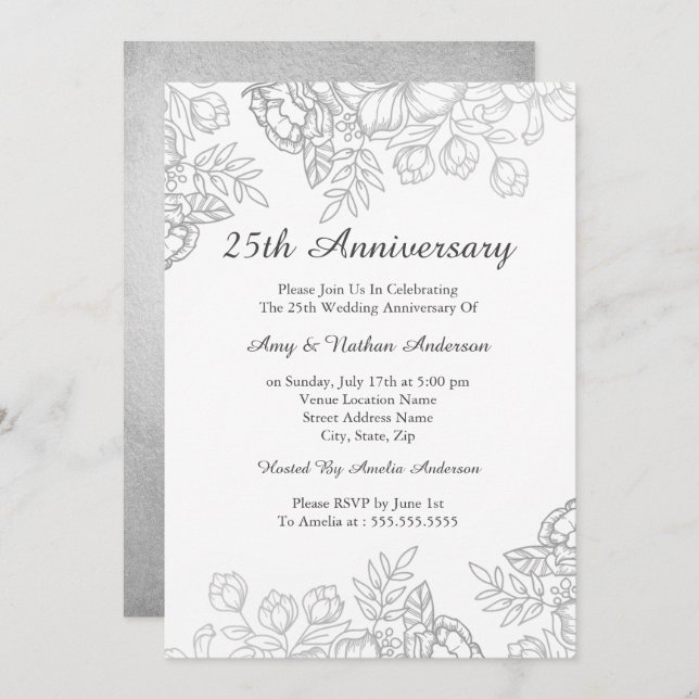 Invitación Elegante Plata Vintage Floral 25 Aniversario (Anverso / Reverso)