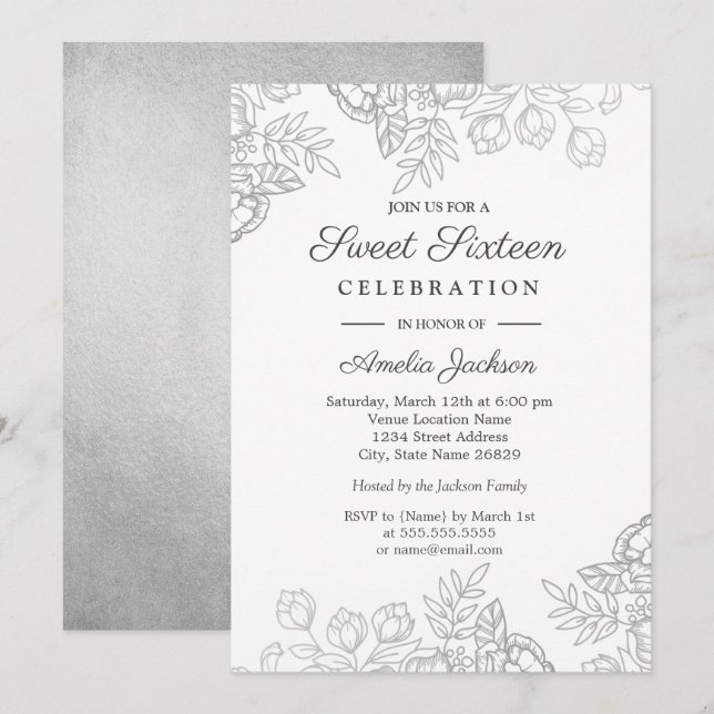 Invitación Elegante Plata Vintage Floral Dulce Invitados (Anverso / Reverso)