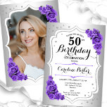 Invitación Elegante Plata White Purple Photo 50 cumpleaños<br><div class="desc">Elegante invitación de 50 años floral femenina con tu foto al fondo de la tarjeta. Diseño de vidrio con plata falsa. Cuenta con rosas morados, fuente de guiones y confetti. Perfecto para un elegante fiesta de celebración de cumpleaños. Personaliza con tus propios detalles. ¡Se puede personalizar para cualquier edad! Invitaciones...</div>