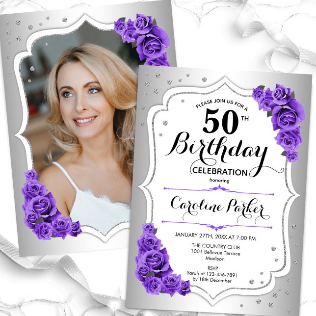 Invitación Elegante Plata White Purple Photo 50 cumpleaños (Subido por el creador)