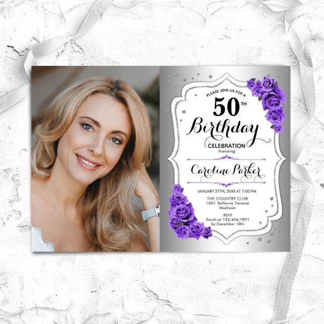 Invitación Elegante Plata White Purple Photo 50 cumpleaños (Subido por el creador)