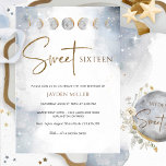Invitación Elegante Plata y Dulce Celestial de Oro Dieciséis<br><div class="desc">Magnífica invitación de 16 cumpleaños con un exquisito fondo acuarela celeste con cielo, estrellas y fases de luna enmarcando tus detalles. Dulce en caligrafía escrita a mano moderna. El fondo celeste de la acuarela dorada de la tarjeta con luna llena en el centro con nombre y evento. Estrellas delgadas, detalles...</div>