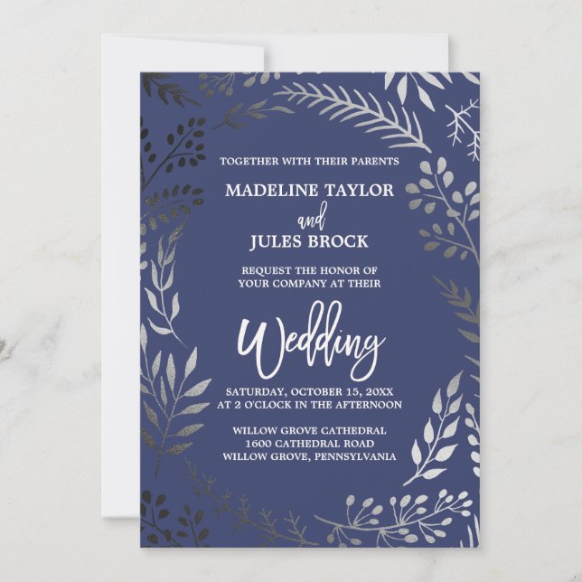 Invitación Elegante plata y marina | Boda de marco flojo (Anverso)