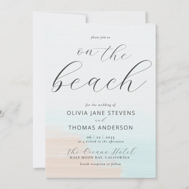 Invitación Elegante playa abstracta de océano en un solo Boda (Anverso)